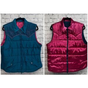 Roper Reversible Pink Teal Blue Embroidered Western Puffer Vest Zip Up Large